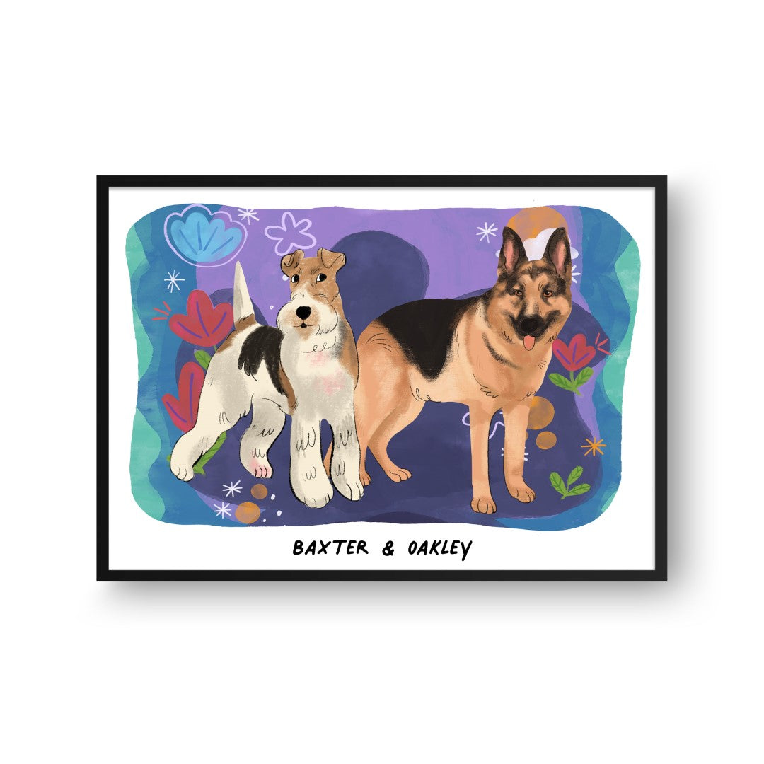 Premium Watercolor Pet Portrait - Two Pets, Framed Poster