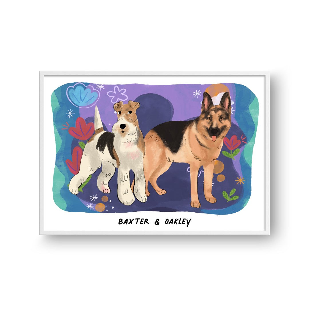 Premium Watercolor Pet Portrait - Two Pets, Framed Poster