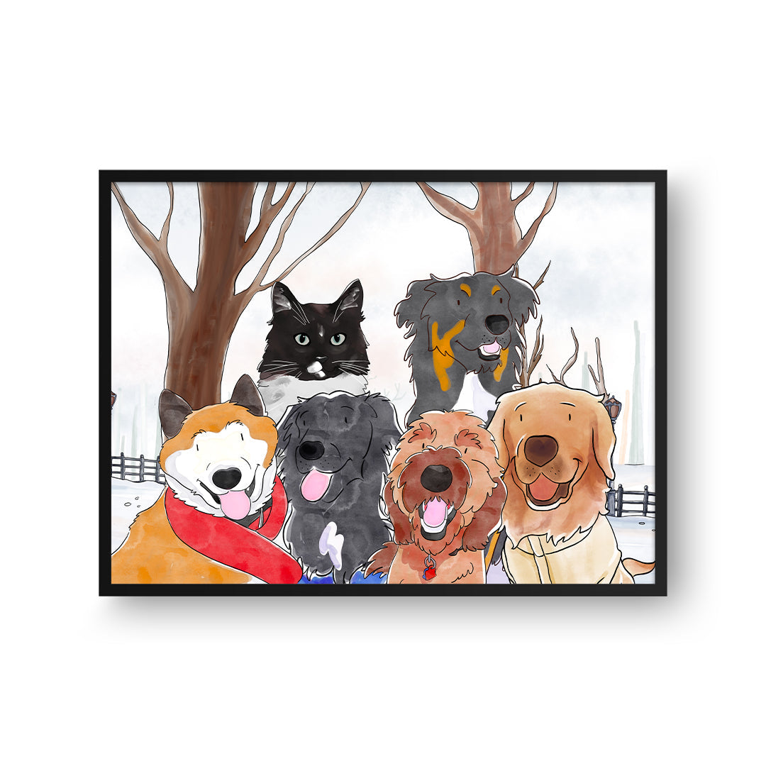 Watercolor Pet Portrait - Six Pets, Framed Poster