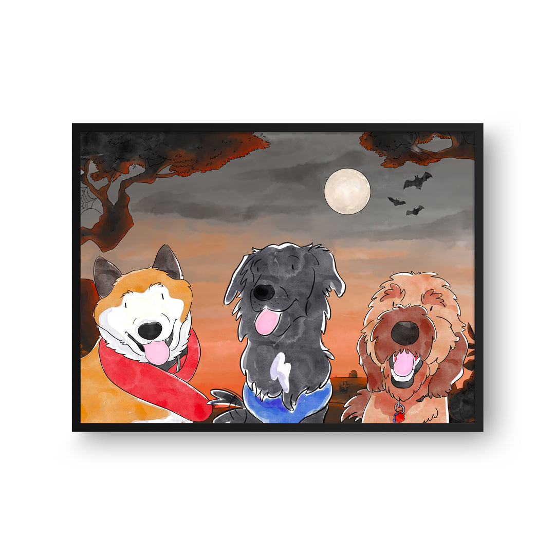Halloween Watercolor Pet Portrait - Three Pets