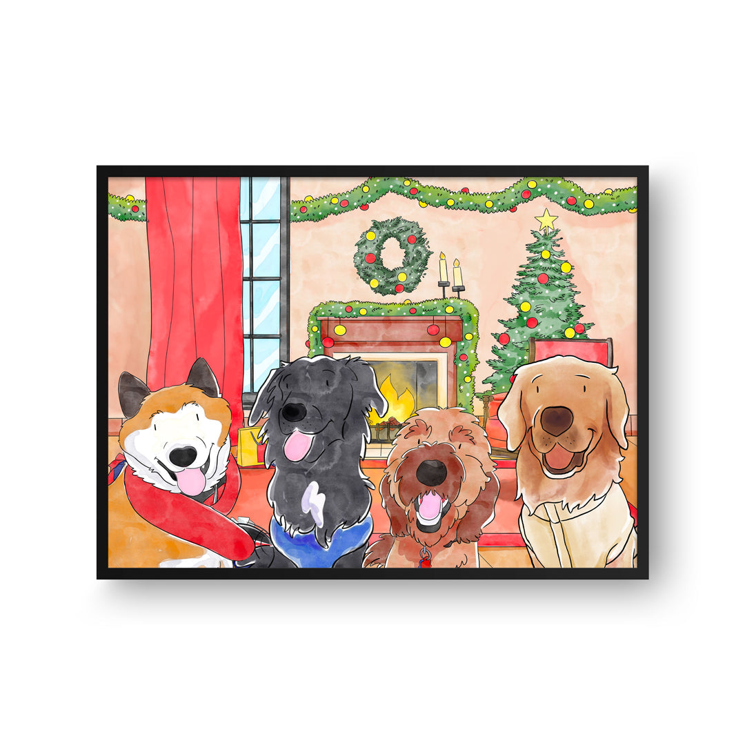 Christmas Watercolor Pet Portrait - Four Pets