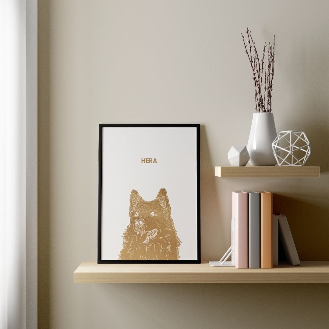 Illustrated Gold Foil Pet Portrait - One Pet, Framed Print