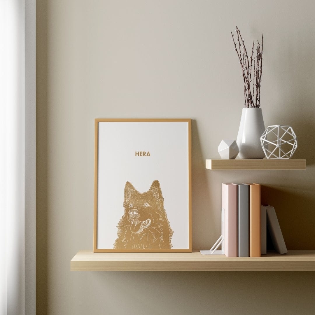 Illustrated Gold Foil Pet Portrait - One Pet, Framed Print