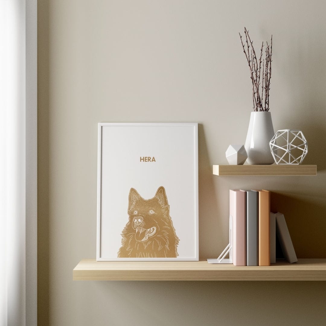 Illustrated Gold Foil Pet Portrait - One Pet, Framed Print