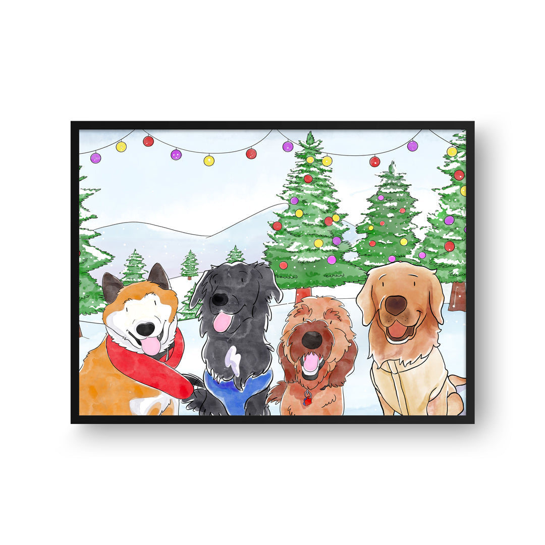 Christmas Watercolor Pet Portrait - Four Pets