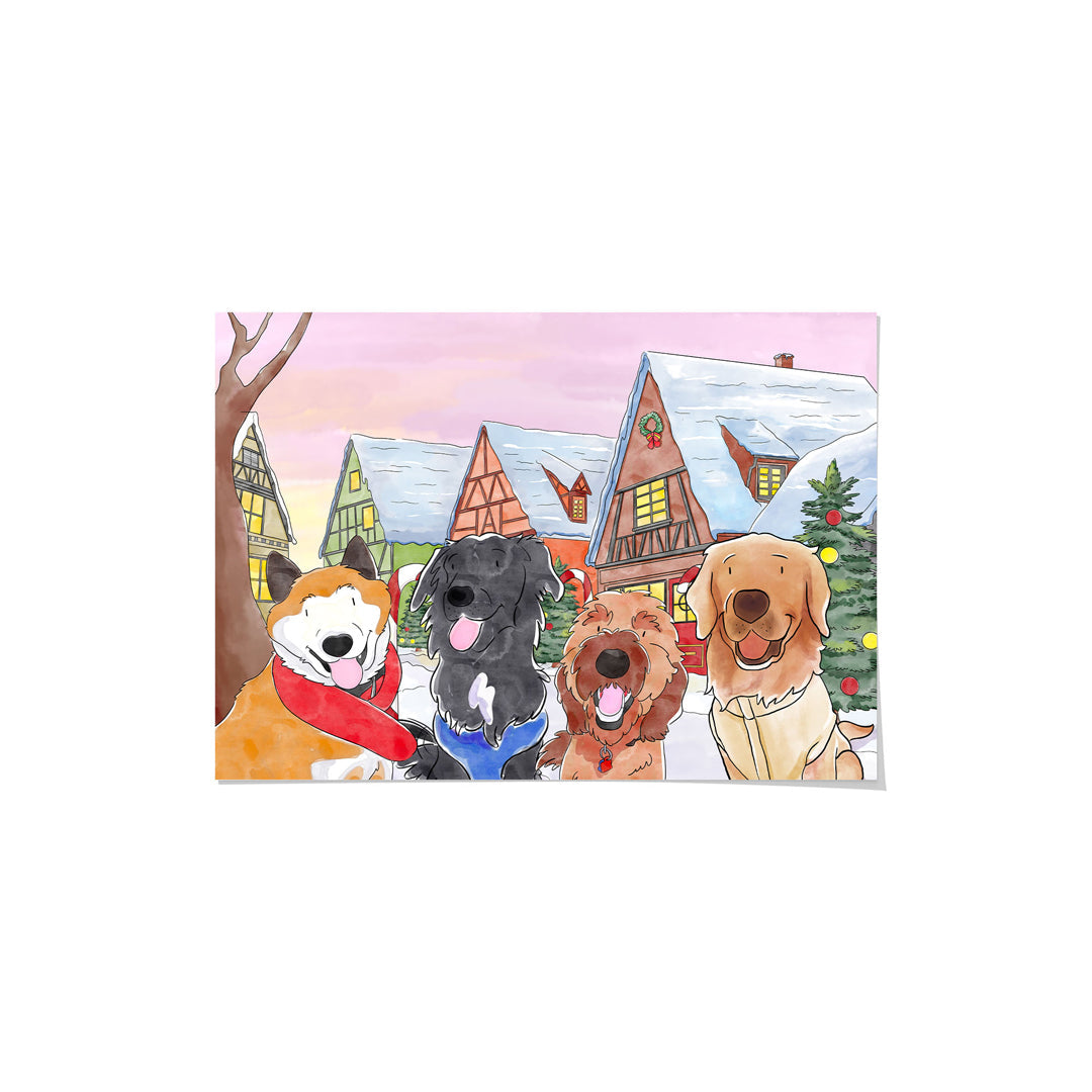 Christmas Watercolor Pet Portrait - Four Pets