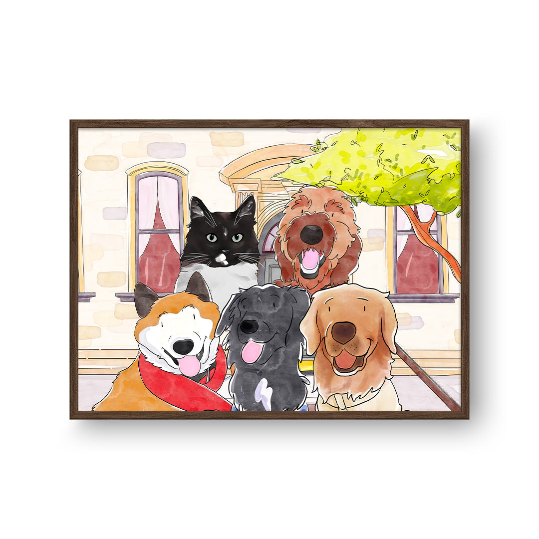 Watercolor Pet Portrait - Five Pets, Framed Poster