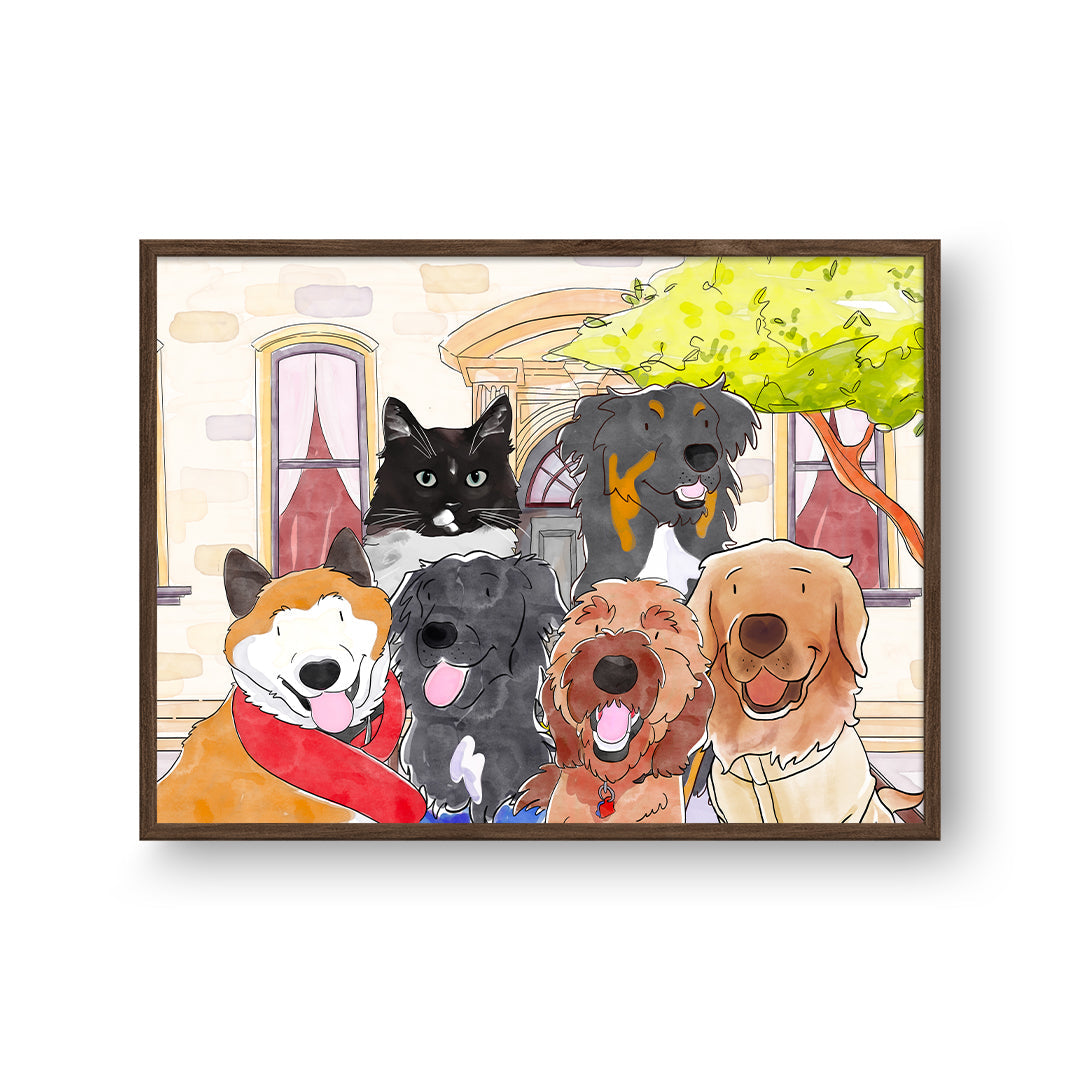 Watercolor Pet Portrait - Six Pets, Framed Poster