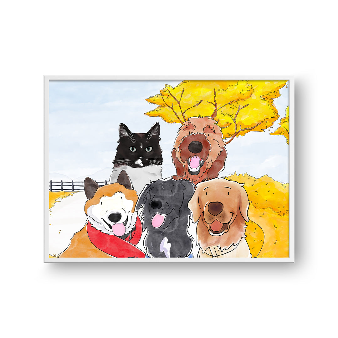 Watercolor Pet Portrait - Five Pets, Framed Poster