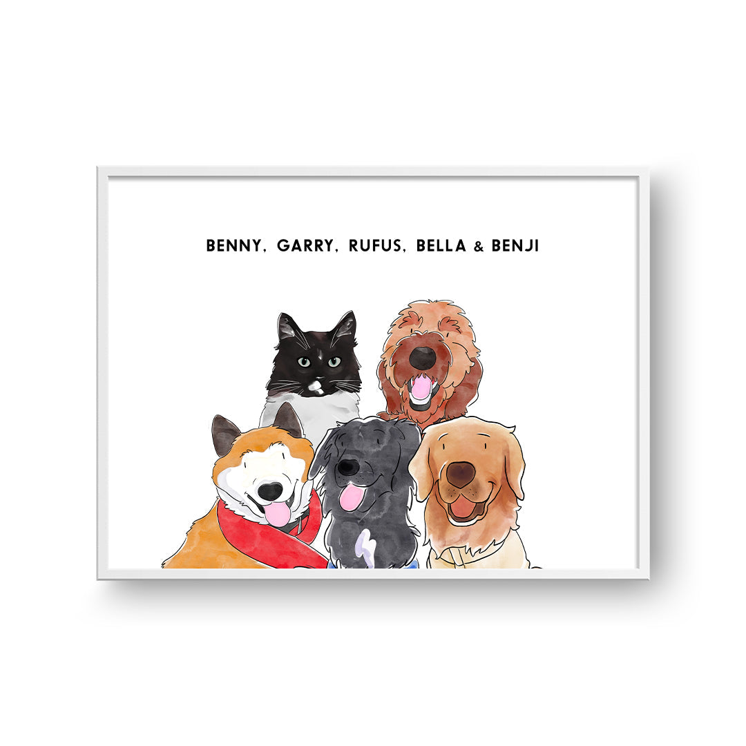 Watercolor Pet Portrait - Five Pets, Framed Poster