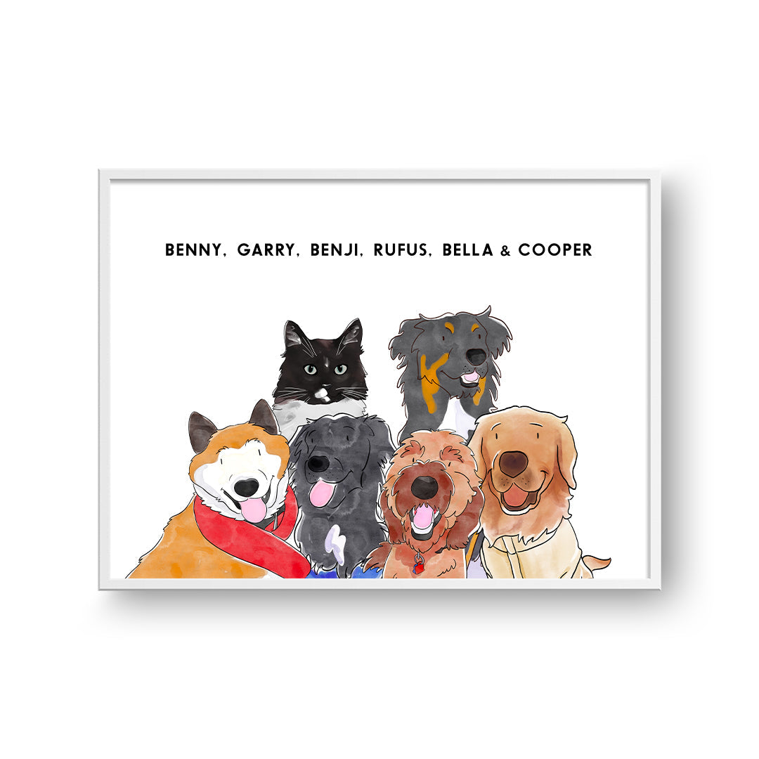 Watercolor Pet Portrait - Six Pets, Framed Poster