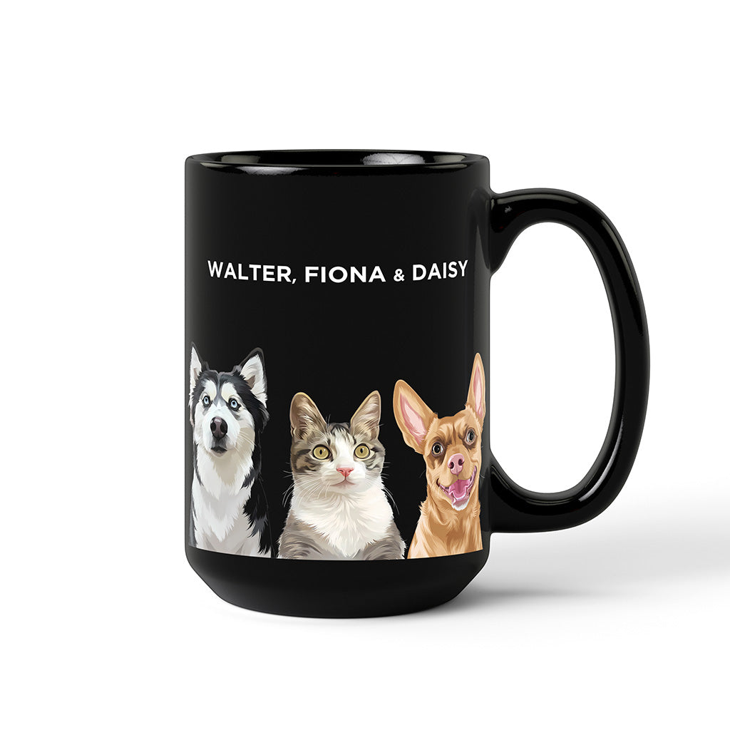 Royal and Paws - Mug Custom Modern Pet Portrait Mug - Three Pets 15oz - Black