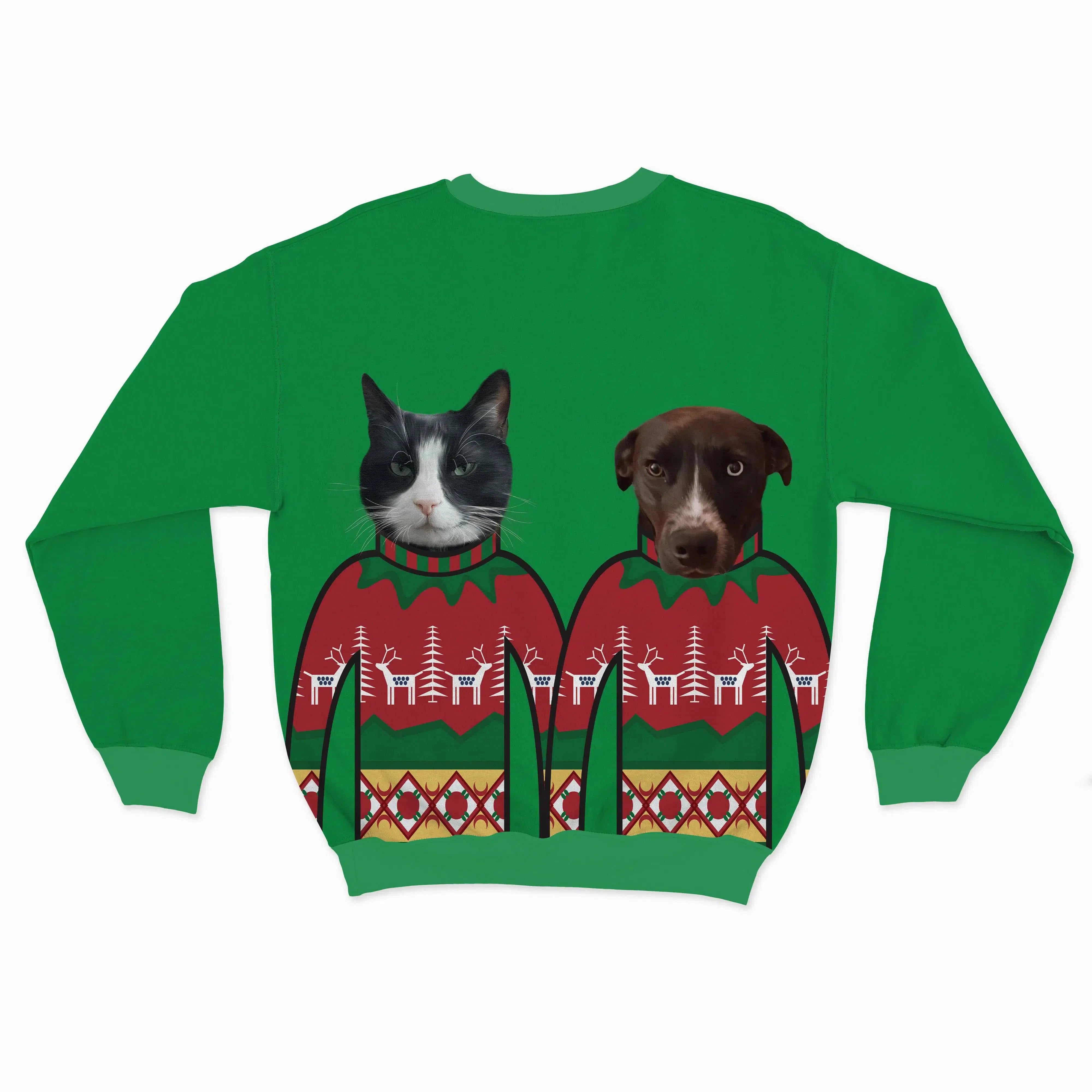 Royal and Paws - Custom Clothing Custom Pet Face Christmas Sweatshirt - Two Pets Festive Green / Red / S