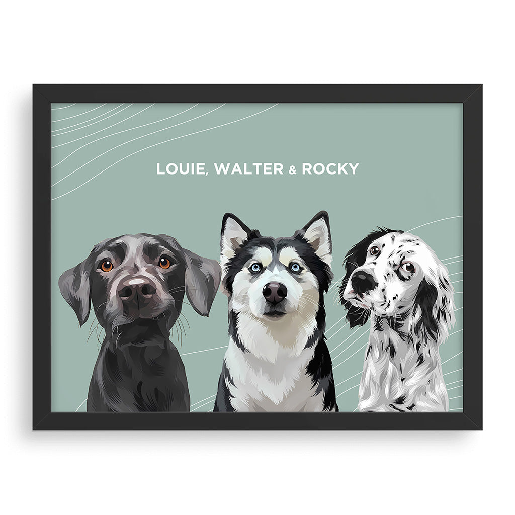 Royal and Paws - Framed Poster Modern Pet Portrait - Three Pets 10" x 8" / Black / Sage