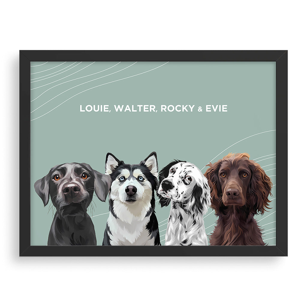 Royal and Paws - Framed Poster Modern Pet Portrait - Four Pets 10" x 8" / Black / Sage