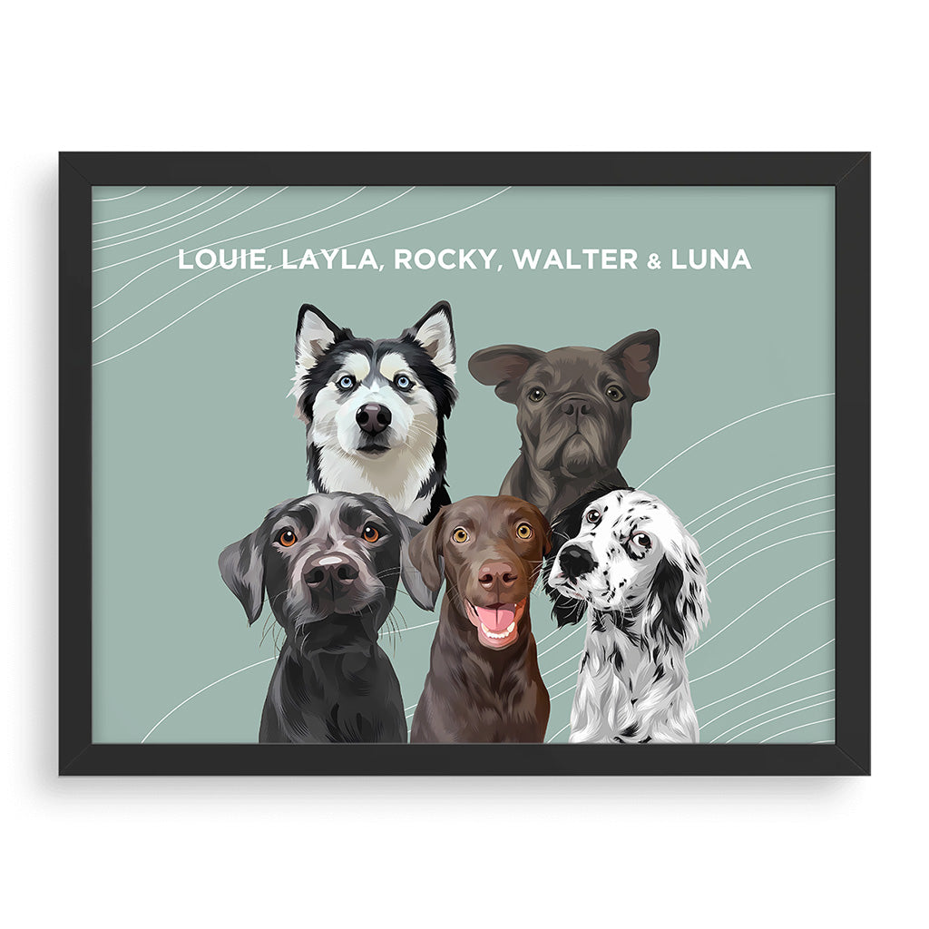 Royal and Paws - Framed Poster Modern Pet Portrait - Five Pets 10" x 8" / Black / Sage