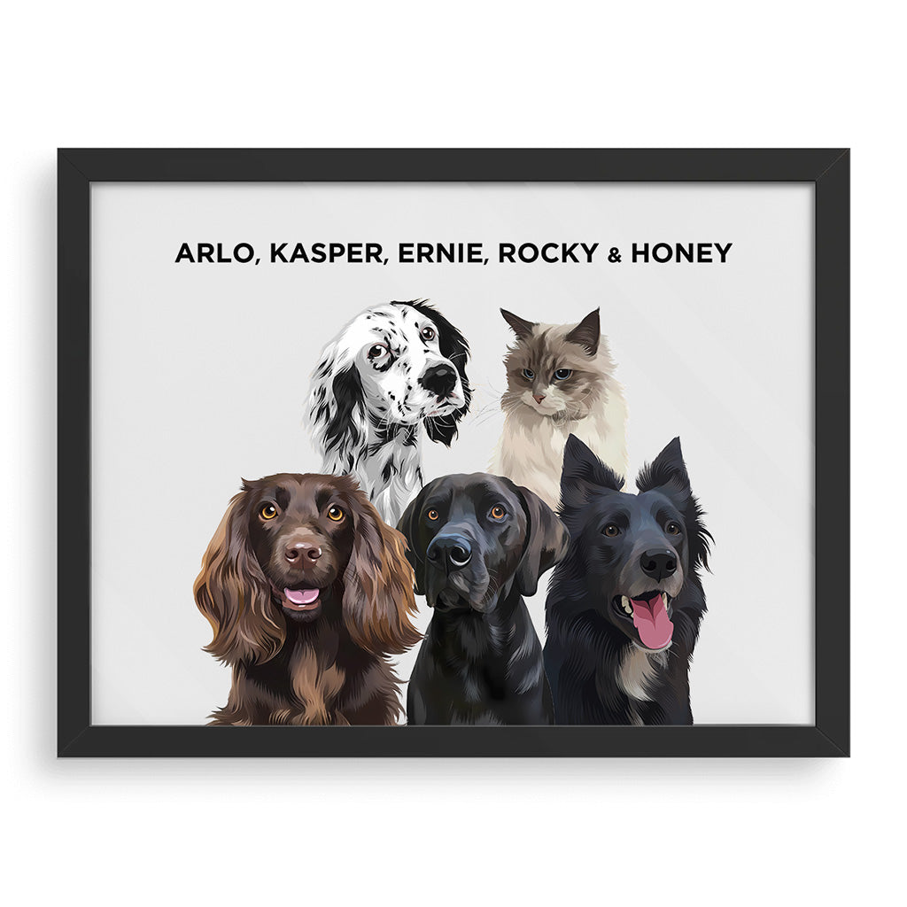 Royal and Paws - Framed Poster Modern Pet Portrait - Five Pets
