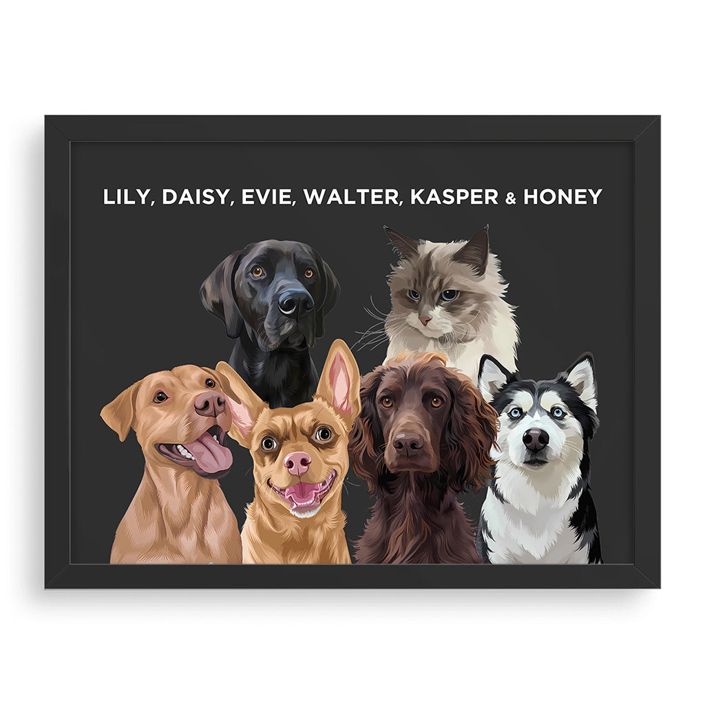 Royal and Paws - Framed Poster Modern Pet Portrait - Six Pets