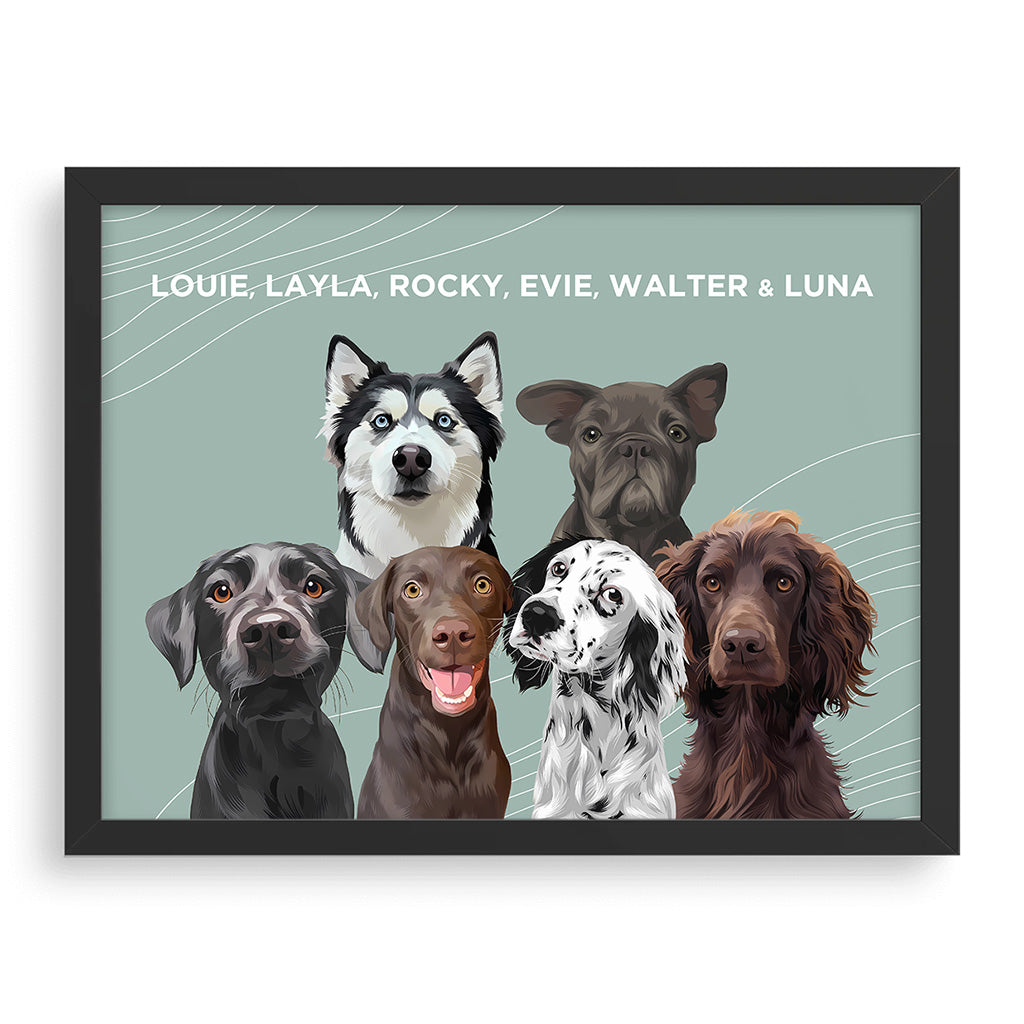 Royal and Paws - Framed Poster Modern Pet Portrait - Six Pets 10" x 8" / Black / Sage
