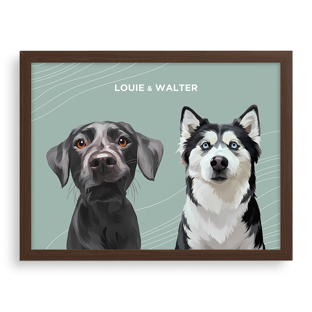 Royal and Paws - Framed Poster Modern Pet Portrait - Two Pets 10" x 8" / Walnut / Sage