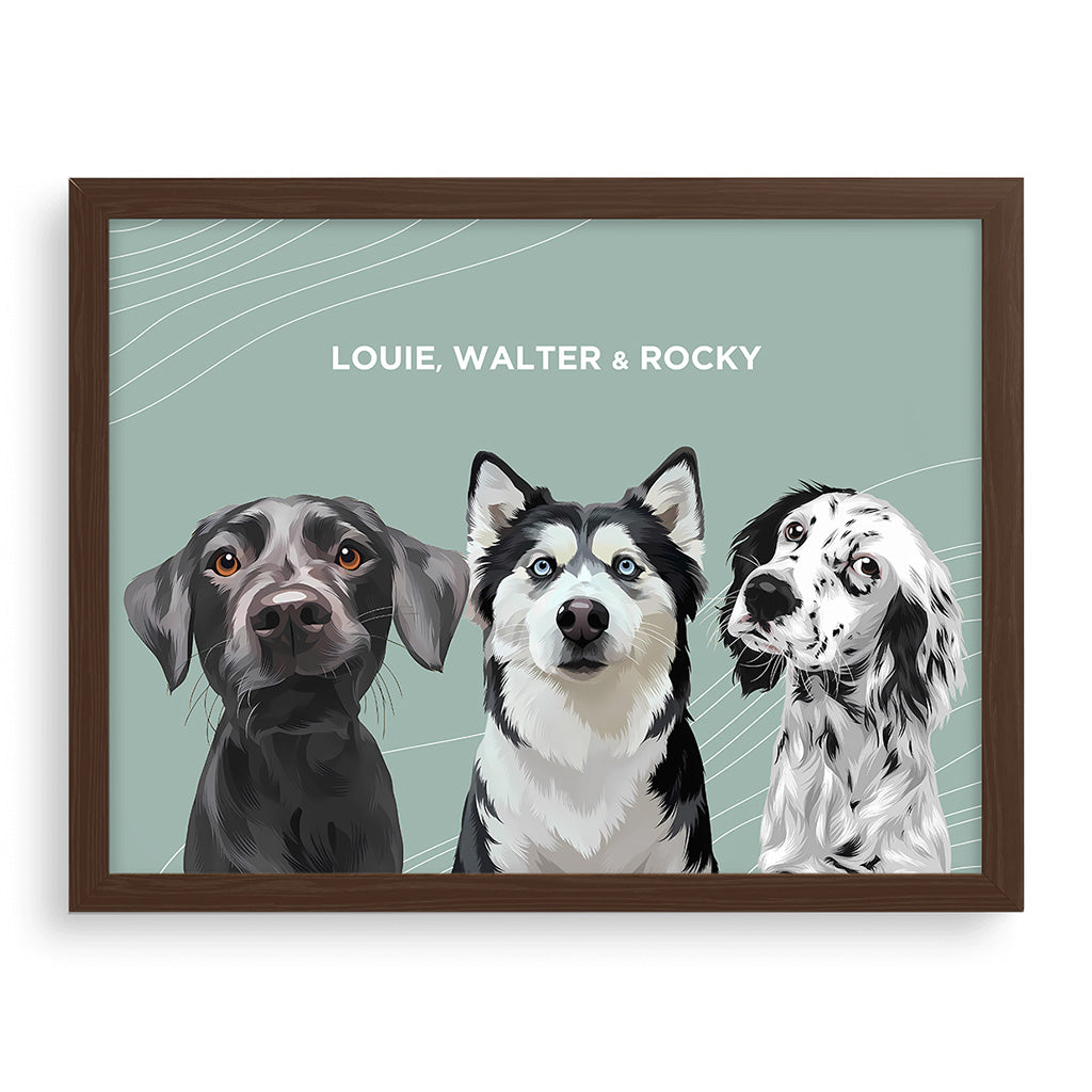Royal and Paws - Framed Poster Modern Pet Portrait - Three Pets 10" x 8" / Walnut / Sage