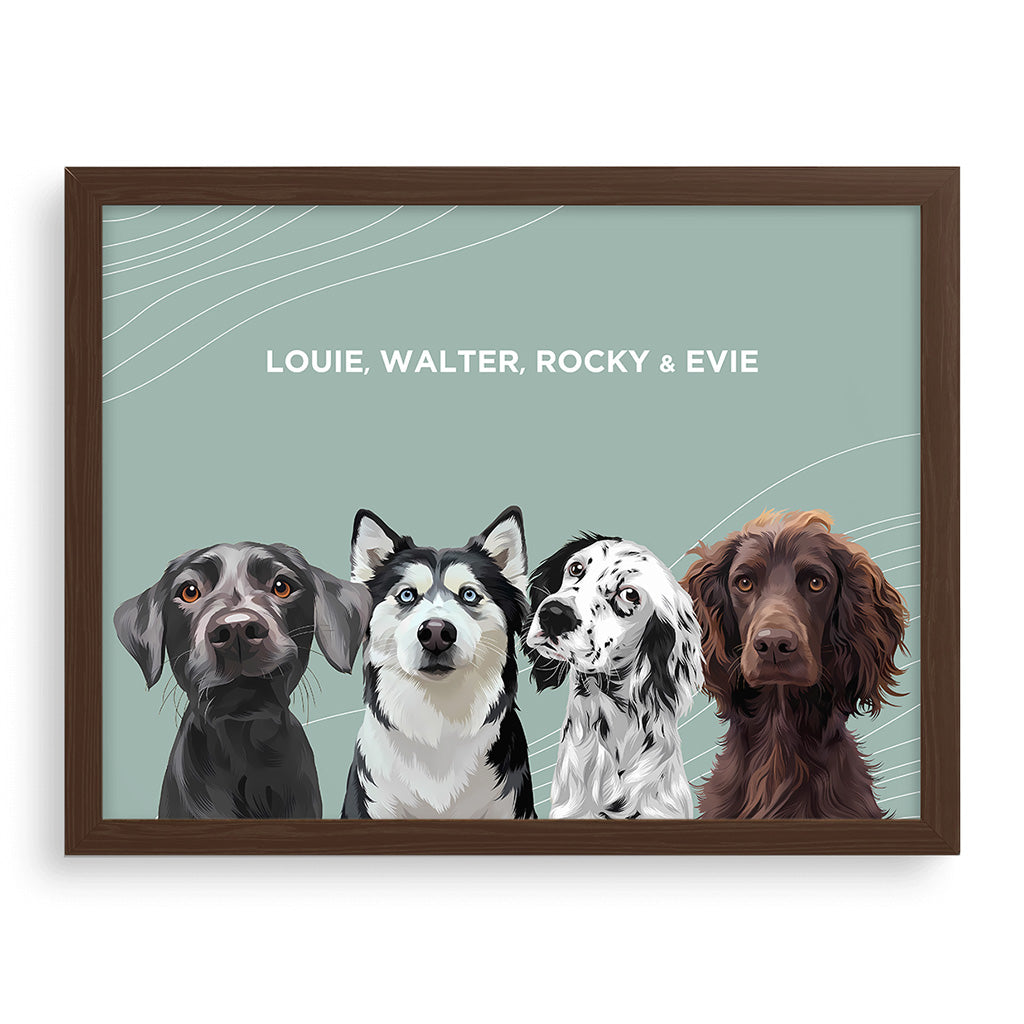 Royal and Paws - Framed Poster Modern Pet Portrait - Four Pets 10" x 8" / Walnut / Sage