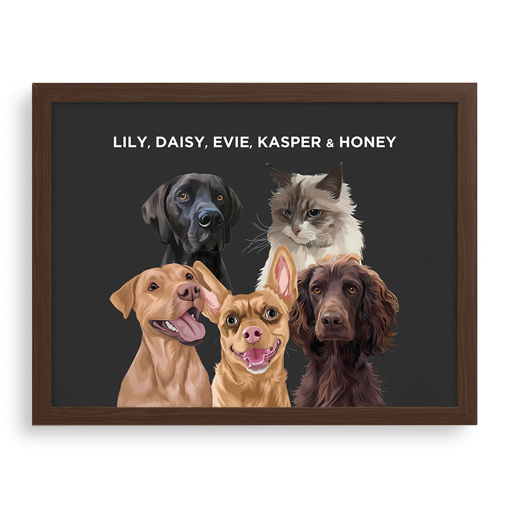 Royal and Paws - Framed Poster Modern Pet Portrait - Five Pets