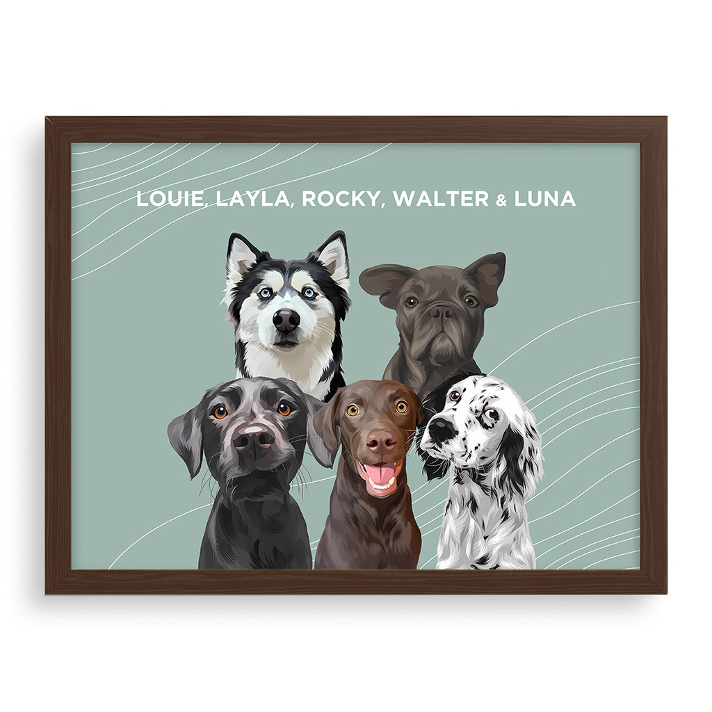 Royal and Paws - Framed Poster Modern Pet Portrait - Five Pets 10" x 8" / Walnut / Sage