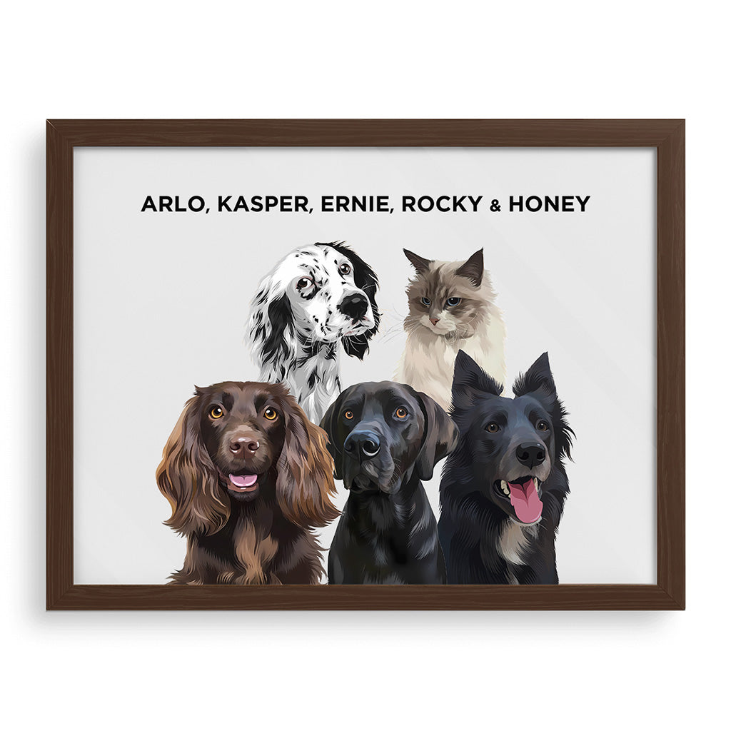 Royal and Paws - Framed Poster Modern Pet Portrait - Five Pets