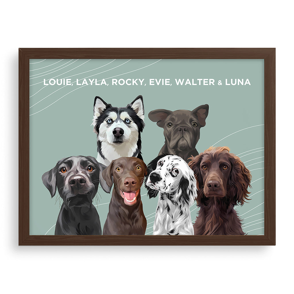 Royal and Paws - Framed Poster Modern Pet Portrait - Six Pets 10" x 8" / Walnut / Sage