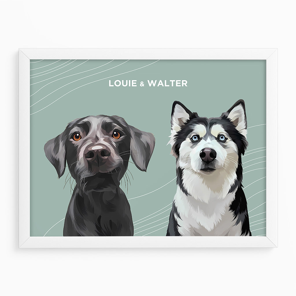 Royal and Paws - Framed Poster Modern Pet Portrait - Two Pets 10" x 8" / White / Sage