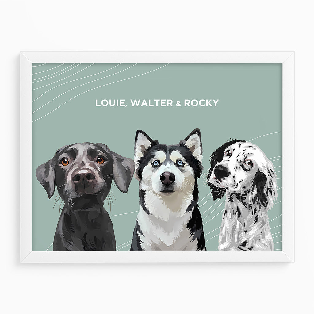 Royal and Paws - Framed Poster Modern Pet Portrait - Three Pets 10" x 8" / White / Sage