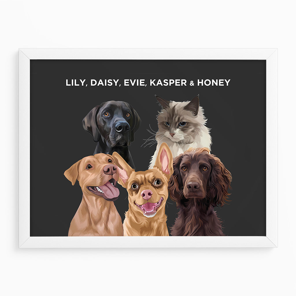 Royal and Paws - Framed Poster Modern Pet Portrait - Five Pets