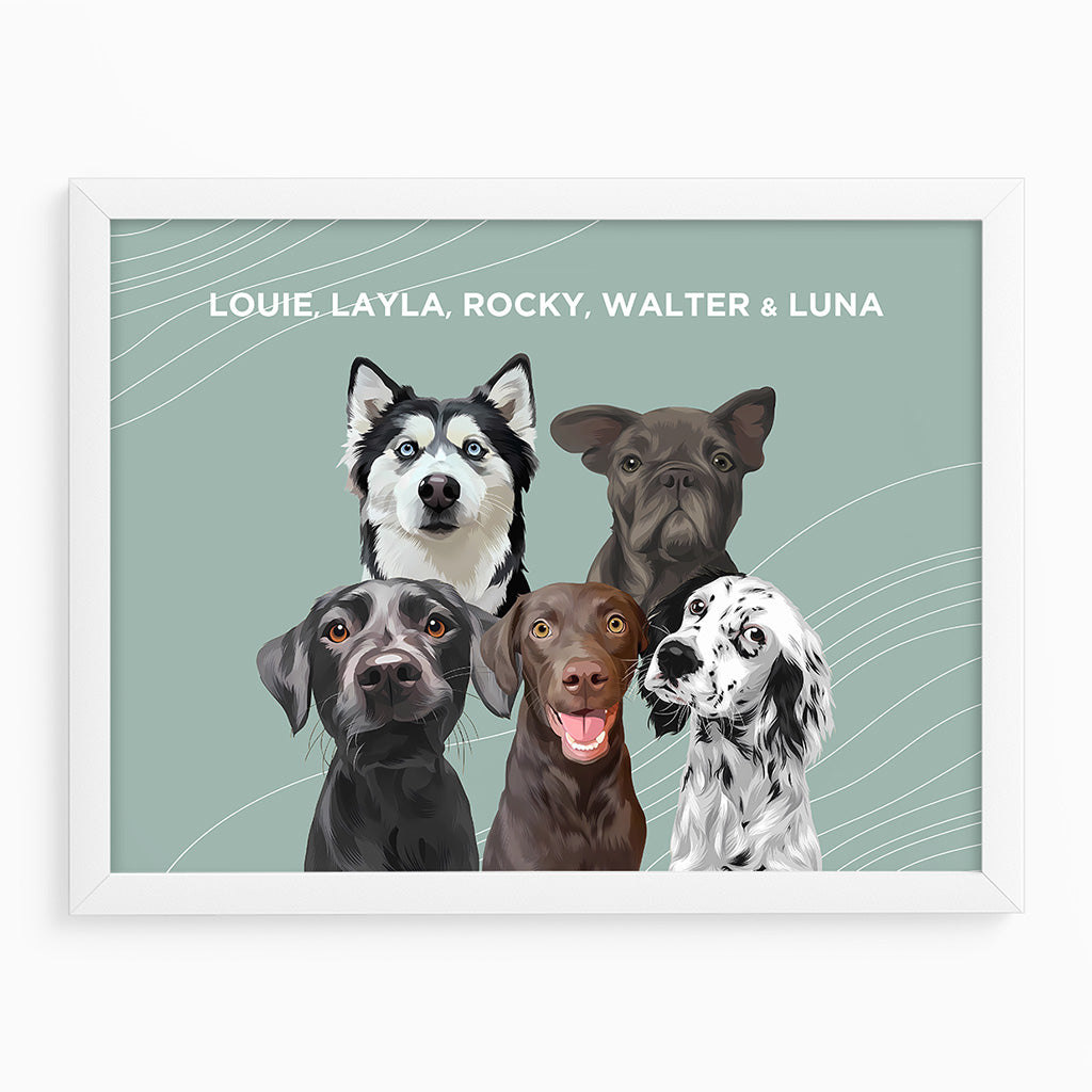 Royal and Paws - Framed Poster Modern Pet Portrait - Five Pets 10" x 8" / White / Sage