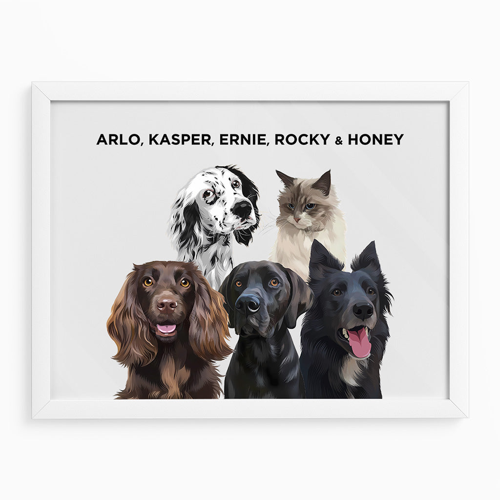 Royal and Paws - Framed Poster Modern Pet Portrait - Five Pets