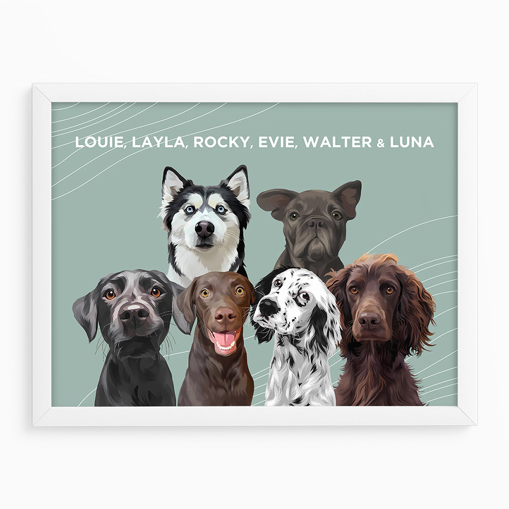 Royal and Paws - Framed Poster Modern Pet Portrait - Six Pets 10" x 8" / White / Sage