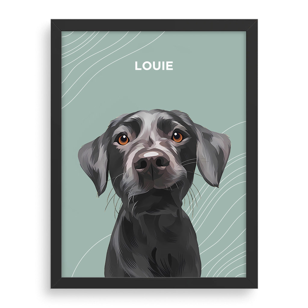 Custom modern pet portrait featuring a black Labrador Retriever, framed in black with a sage green background, perfect for personalized home decor or gifting to pet lovers
