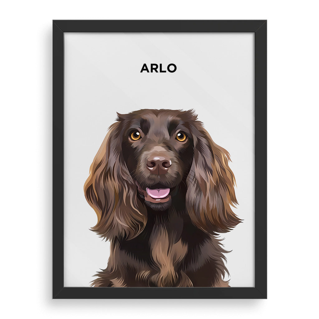 Custom modern pet portrait framed poster featuring a digital illustration of a brown dog named Arlo. Black frame with a white background. Personalized pet artwork for home decor, gifts, or pet lovers