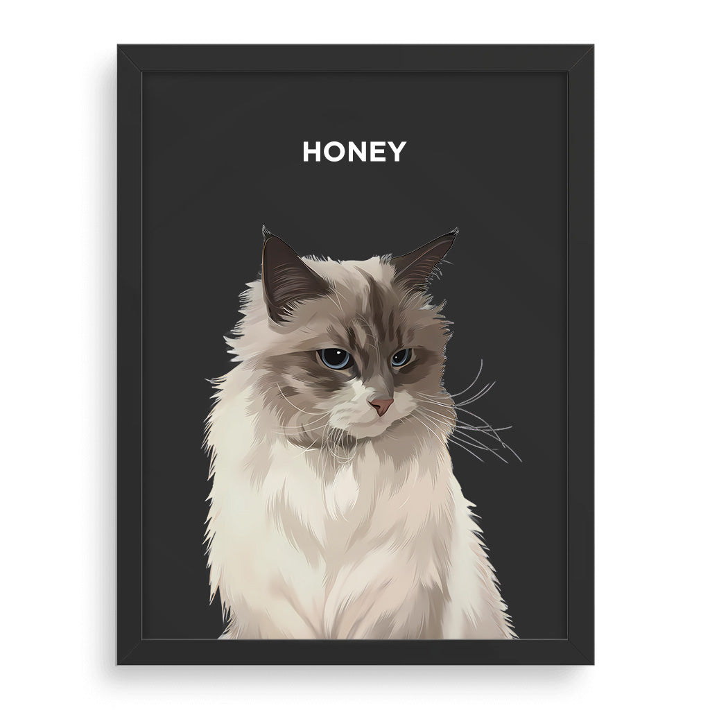 Custom pet portrait illustration of a fluffy Ragdoll cat named Honey, framed in a sleek black frame with a charcoal gray background, perfect for personalized pet gifts and modern wall decor