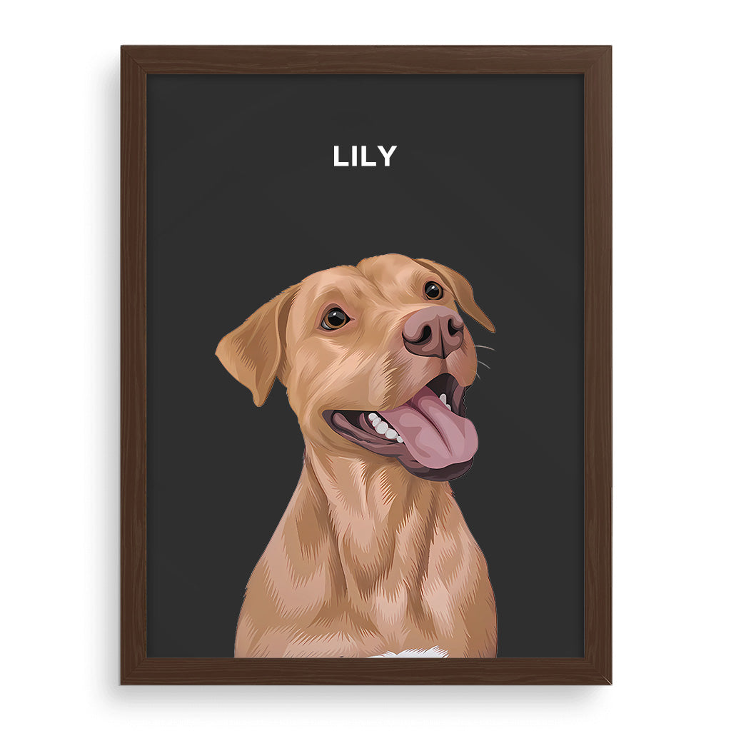 Custom illustrated pet portrait of a happy golden Labrador dog named Lily, framed in a walnut wood frame with a charcoal background, ideal for stylish pet decor and unique gift ideas