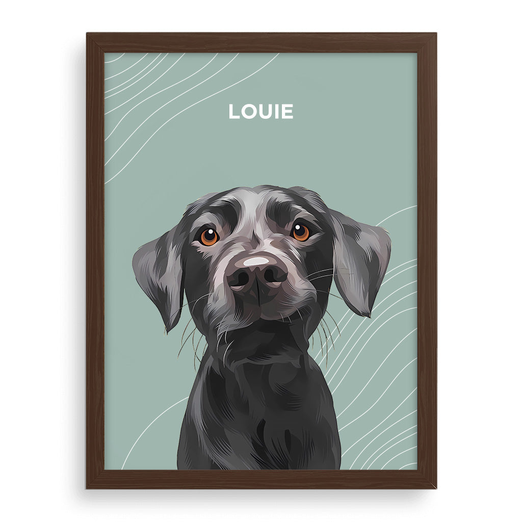 Custom pet portrait of a black Labrador dog named Louie, framed in a walnut wood frame with a sage green background featuring minimalist wave patterns, ideal for contemporary pet decor and thoughtful gifts for pet lovers