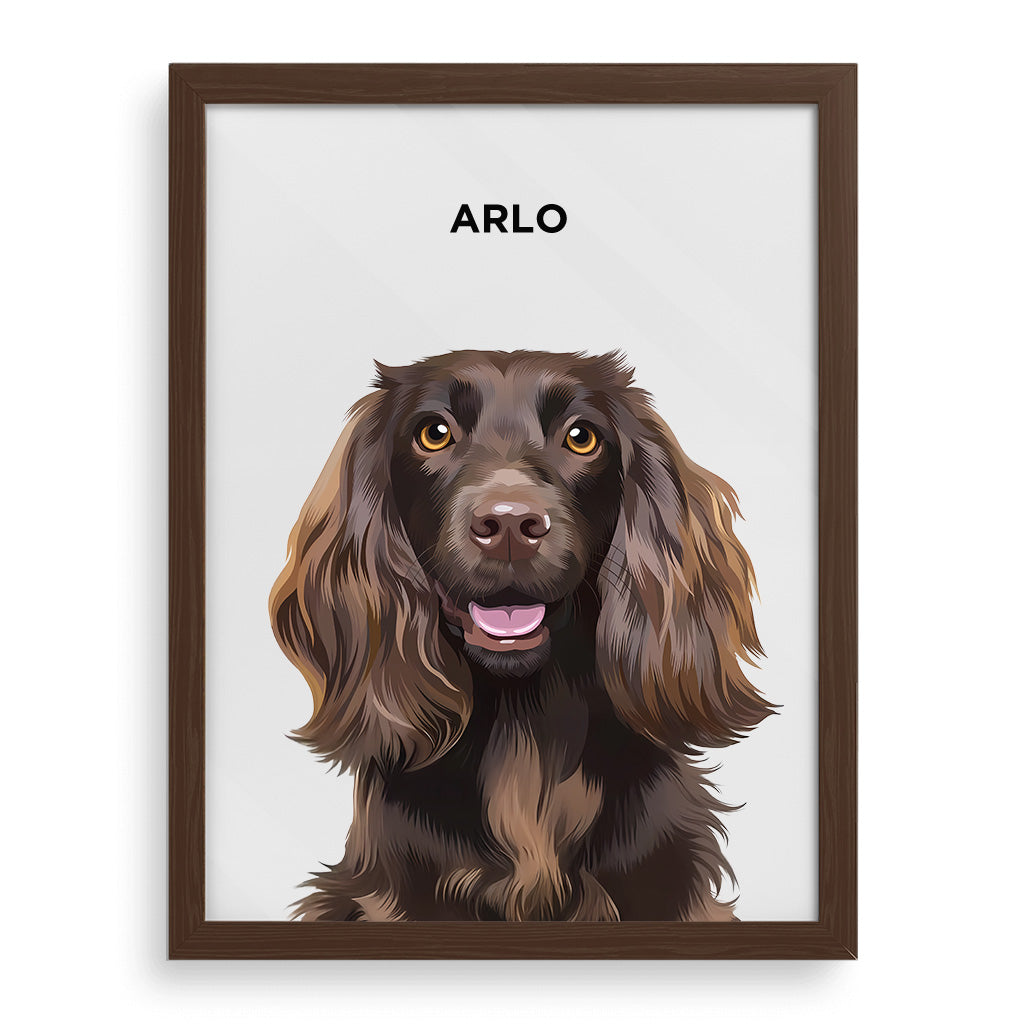 Custom modern pet portrait framed poster featuring a hand-drawn illustration of a brown dog named Arlo. Walnut frame with a white background. Personalized pet artwork for home decor or gifts