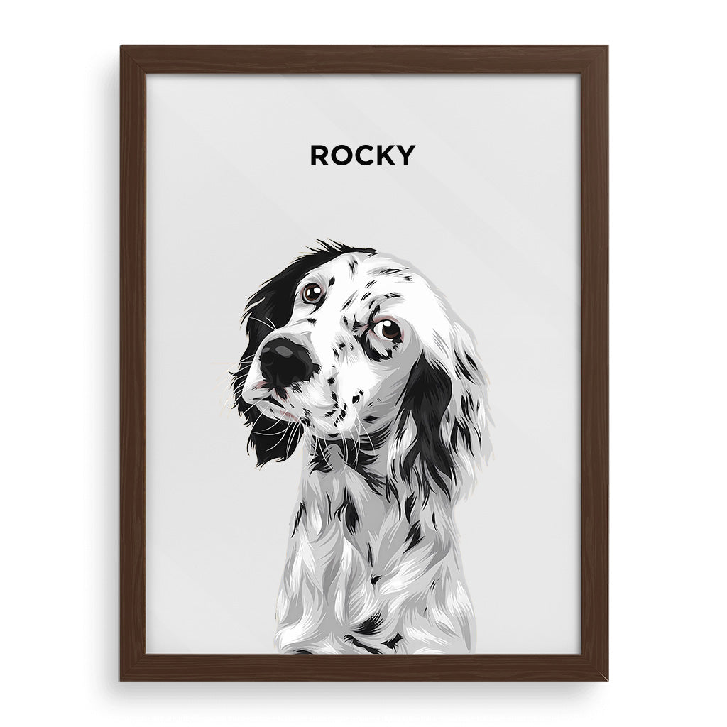 Custom illustrated pet portrait of a black-and-white English Setter named Rocky, framed in walnut wood with a minimalist white background, ideal for unique pet lover gifts and stylish home decor