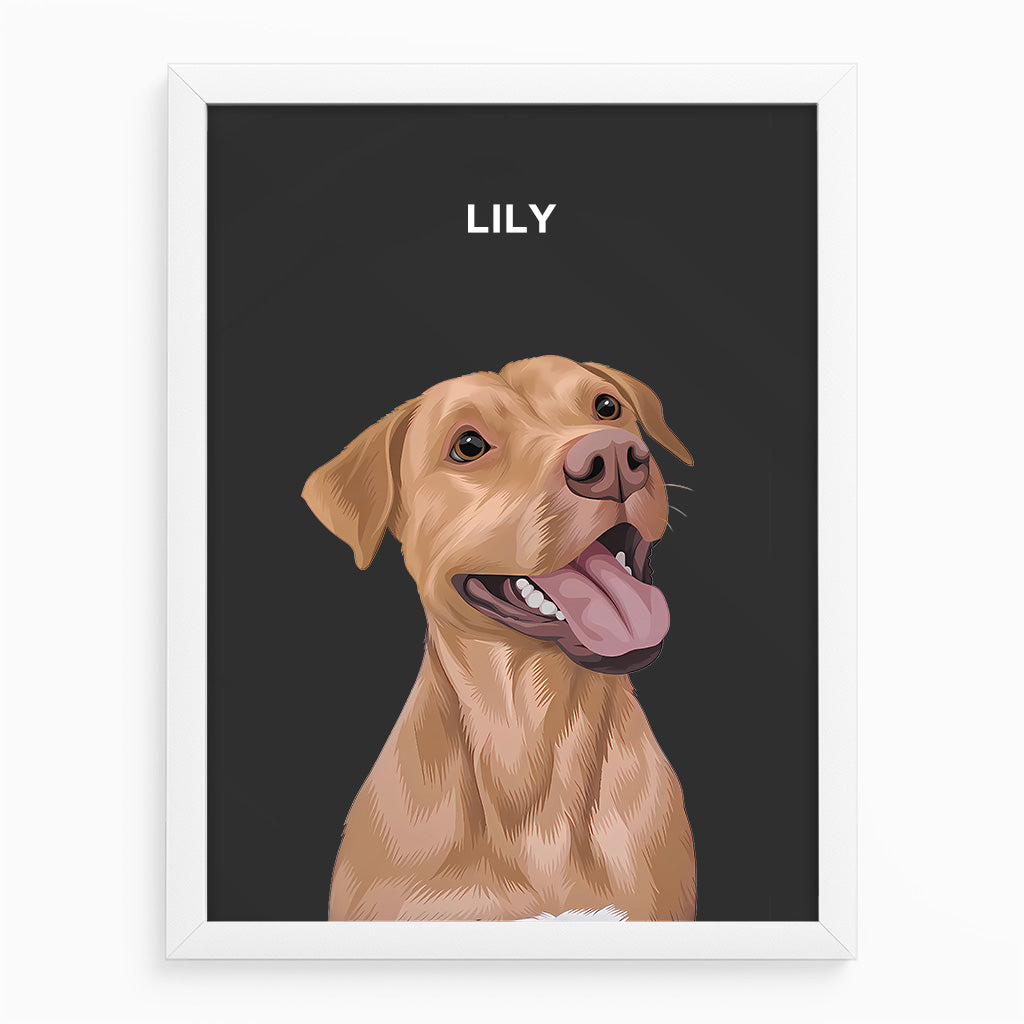 Custom pet portrait of a joyful golden Labrador dog named Lily, displayed in a sleek white frame with a charcoal background, perfect for contemporary home decor and thoughtful pet gifts