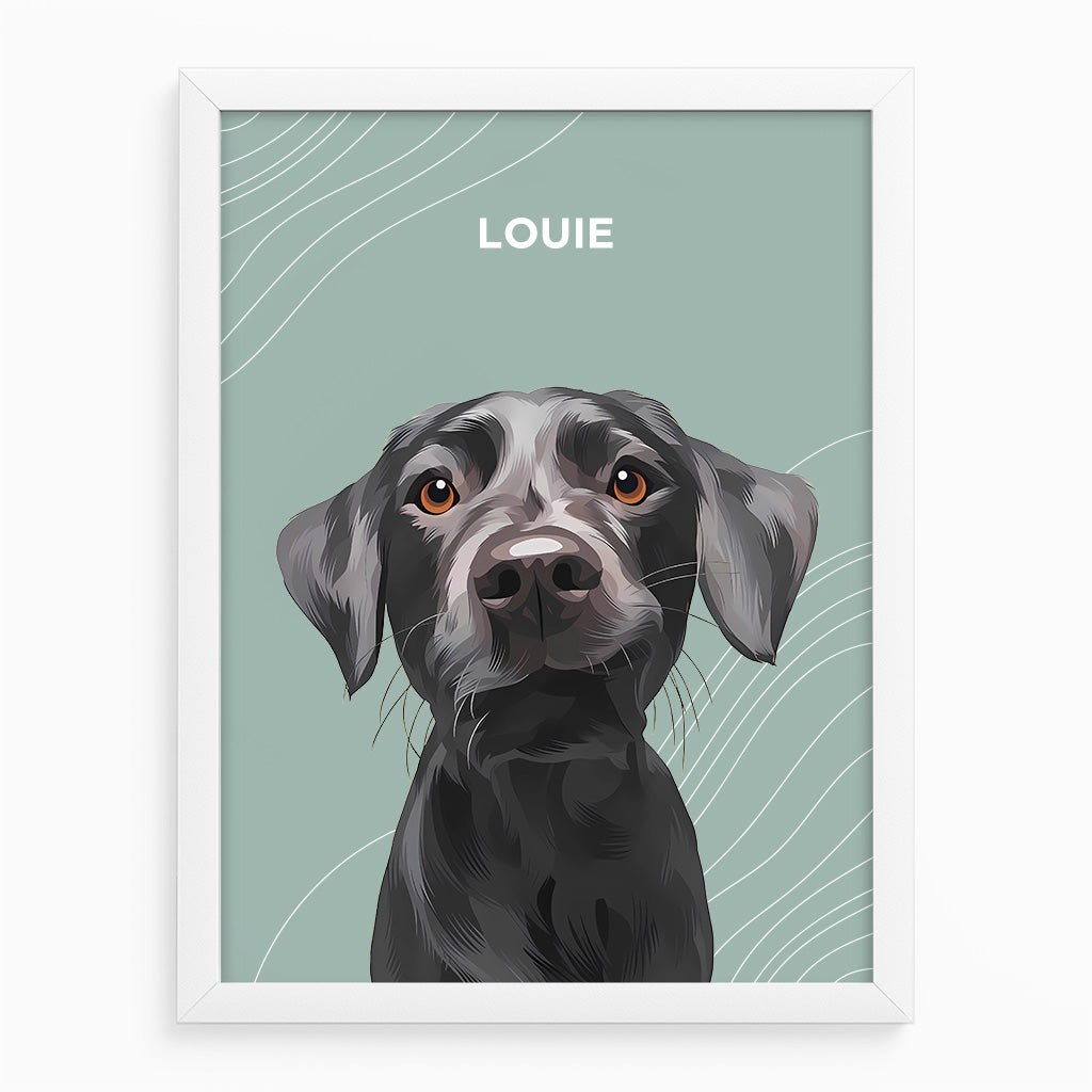 Custom pet portrait of a black Labrador dog named Louie, framed in a white wood frame with a sage green background featuring minimalist wave patterns, perfect for modern home decor and personalized pet keepsakes