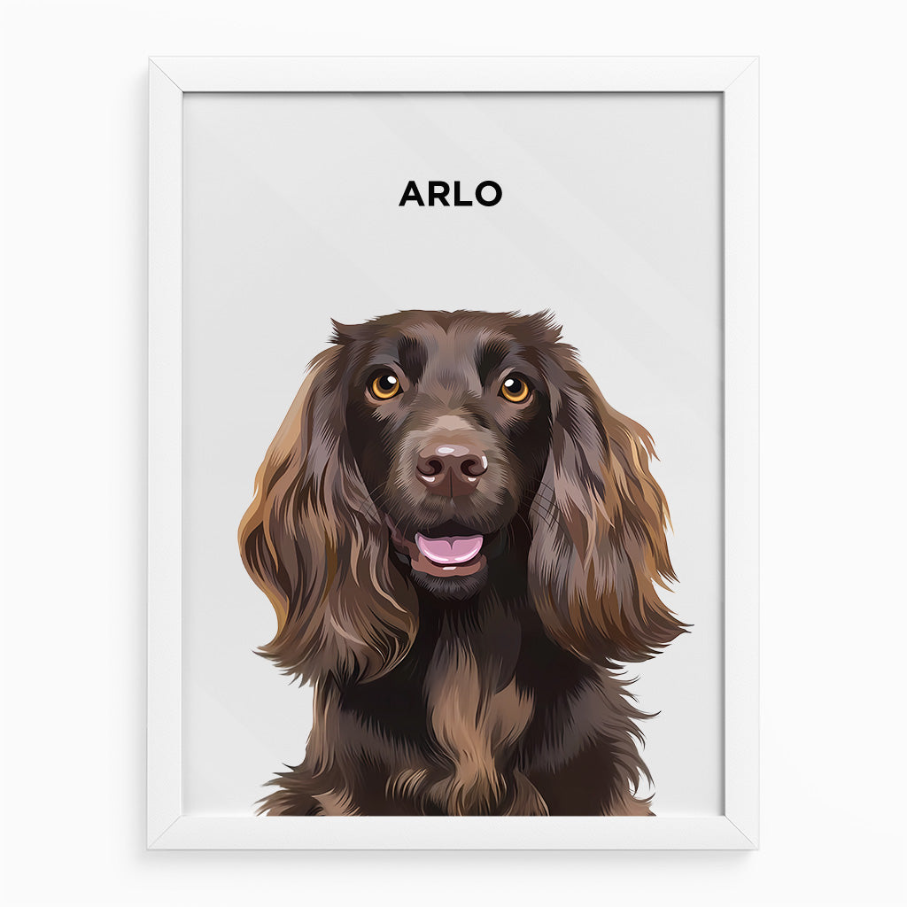 Custom pet portrait of a happy brown Spaniel dog named Arlo, displayed in a white frame with a clean white background, ideal for personalized pet gifts and modern wall art