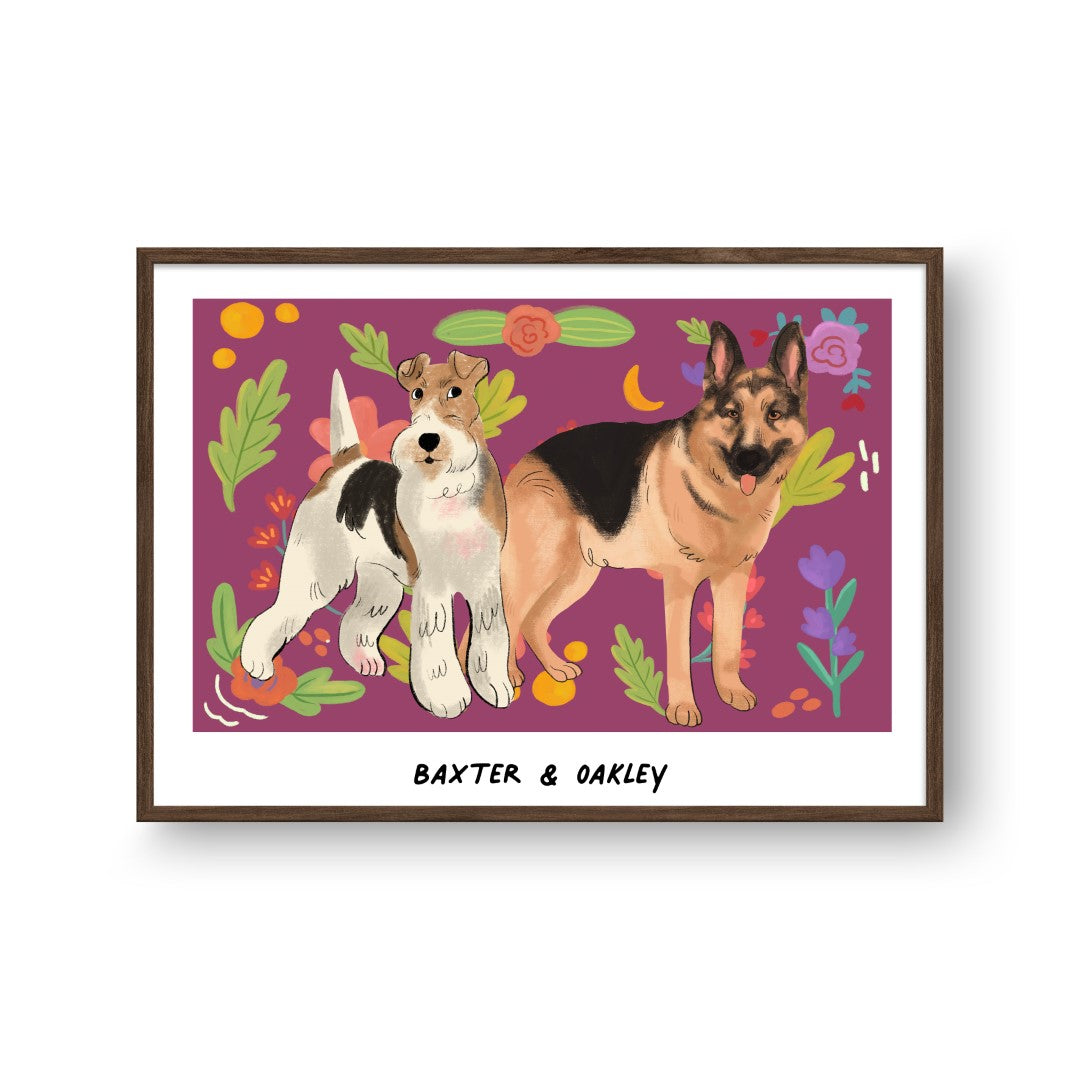 Premium Watercolor Pet Portrait - Two Pets, Framed Poster