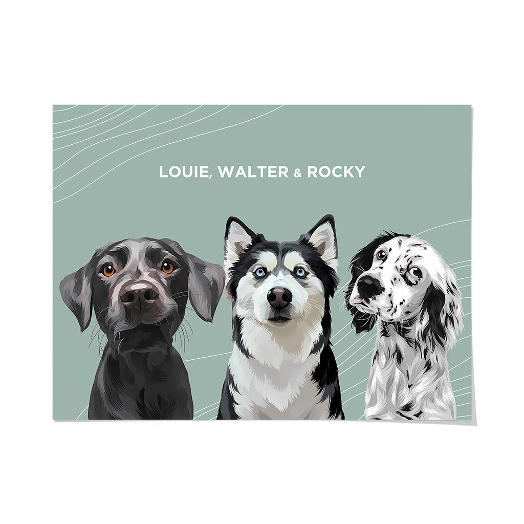 Royal and Paws - Framed Poster Modern Pet Portrait - Three Pets 10" x 8" / Unframed / Sage