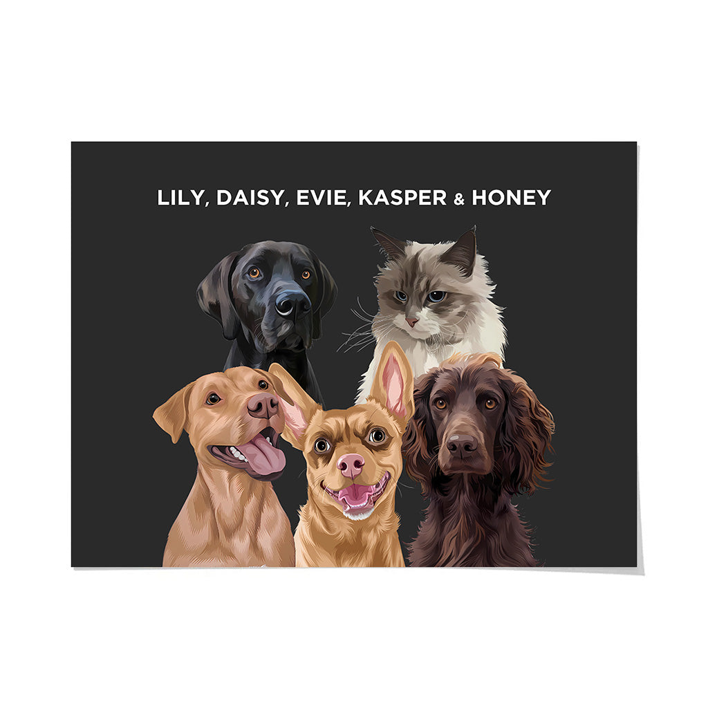Royal and Paws - Framed Poster Modern Pet Portrait - Five Pets