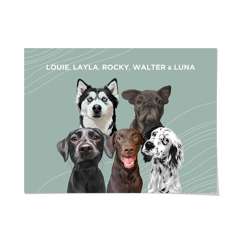 Royal and Paws - Framed Poster Modern Pet Portrait - Five Pets 10" x 8" / Unframed / Sage